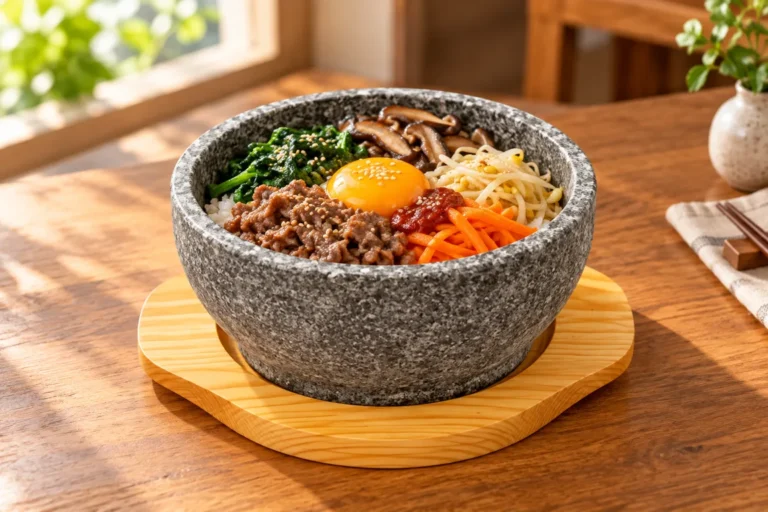 リングのない明るいグレーの石焼ビビンバ器とHD木台を参考にした盛り付けイメージ
