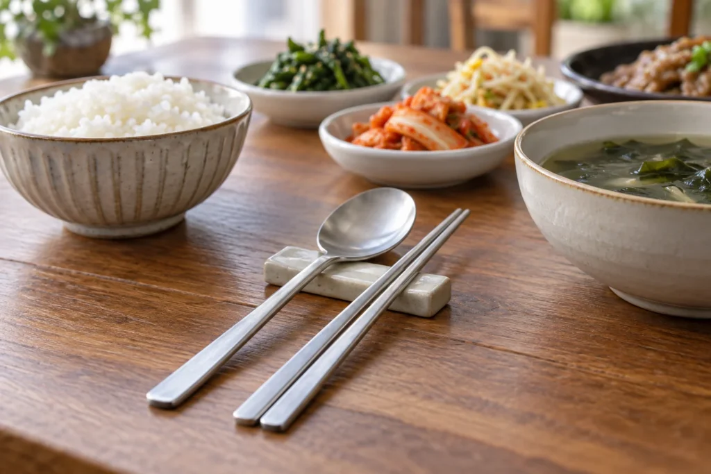 韓国の食卓に並ぶ金属の箸とスプーンのイメージ