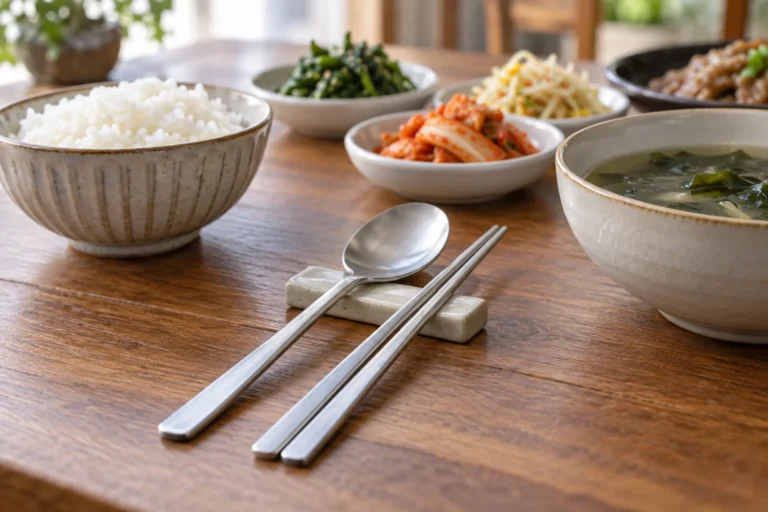 韓国の食卓に並ぶ金属の箸とスプーンのイメージ
