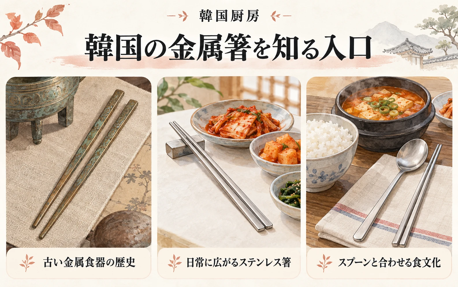 韓国の金属箸を知る入口。古い金属食器の歴史。日常に広がるステンレス箸。スプーンと合わせる食文化