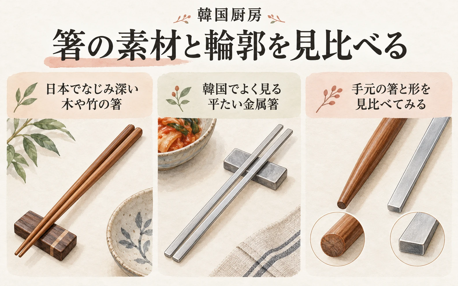 箸の素材と輪郭を見比べる。日本でなじみ深い木や竹の箸。韓国でよく見る平たい金属箸。手元の箸と形を見比べてみる