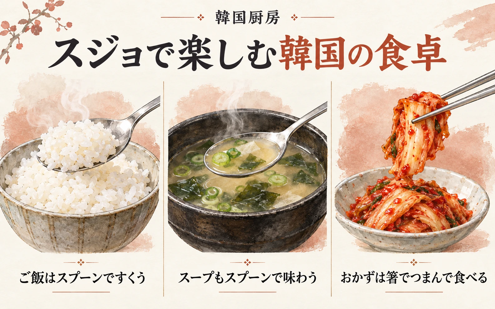 スジョで楽しむ韓国の食卓。ご飯はスプーンですくう。スープもスプーンで味わう。おかずは箸でつまんで食べる