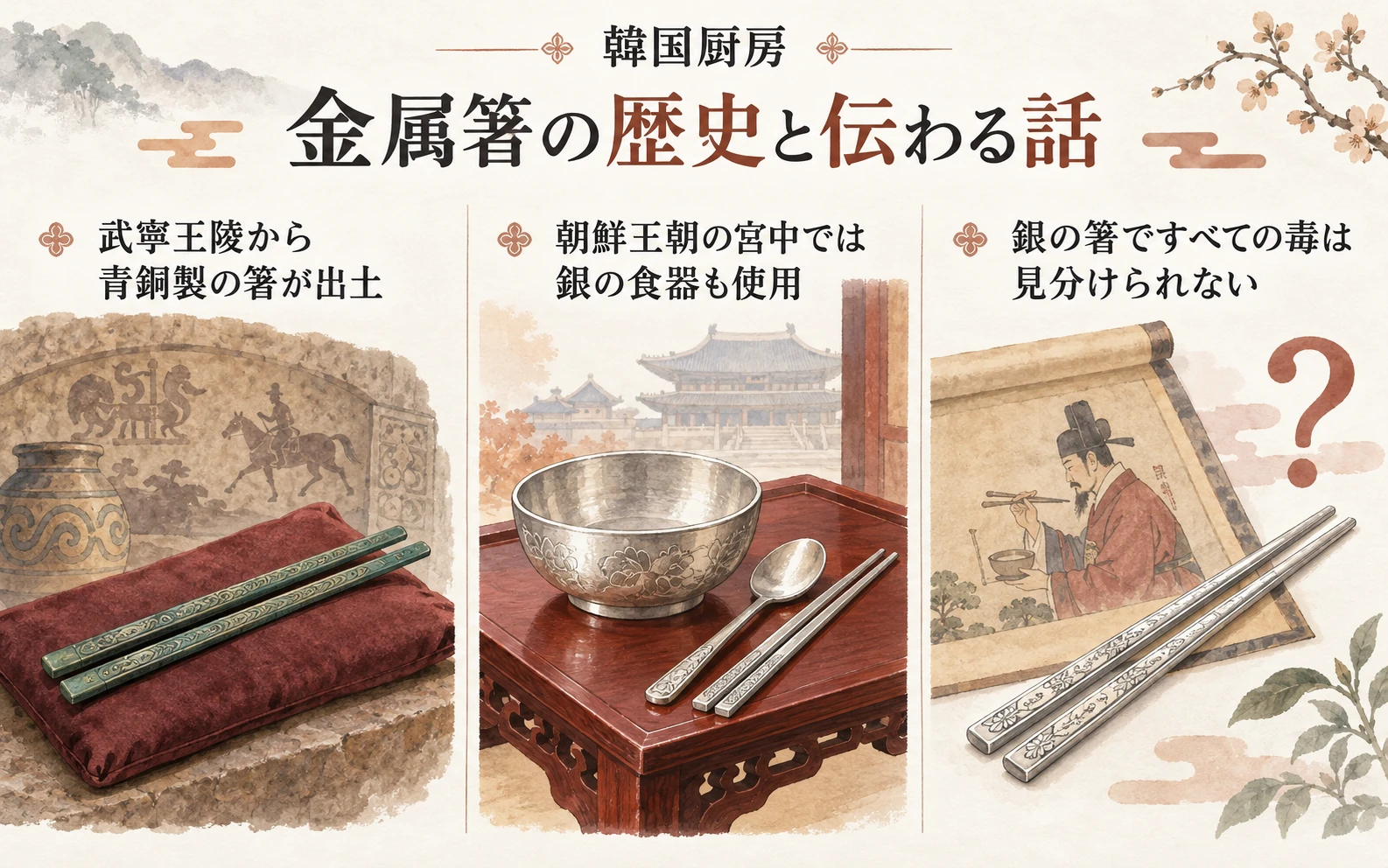 金属箸の歴史と伝わる話。武寧王陵から青銅製の箸が出土。朝鮮王朝の宮中では銀の食器も使用。銀の箸ですべての毒は見分けられない
