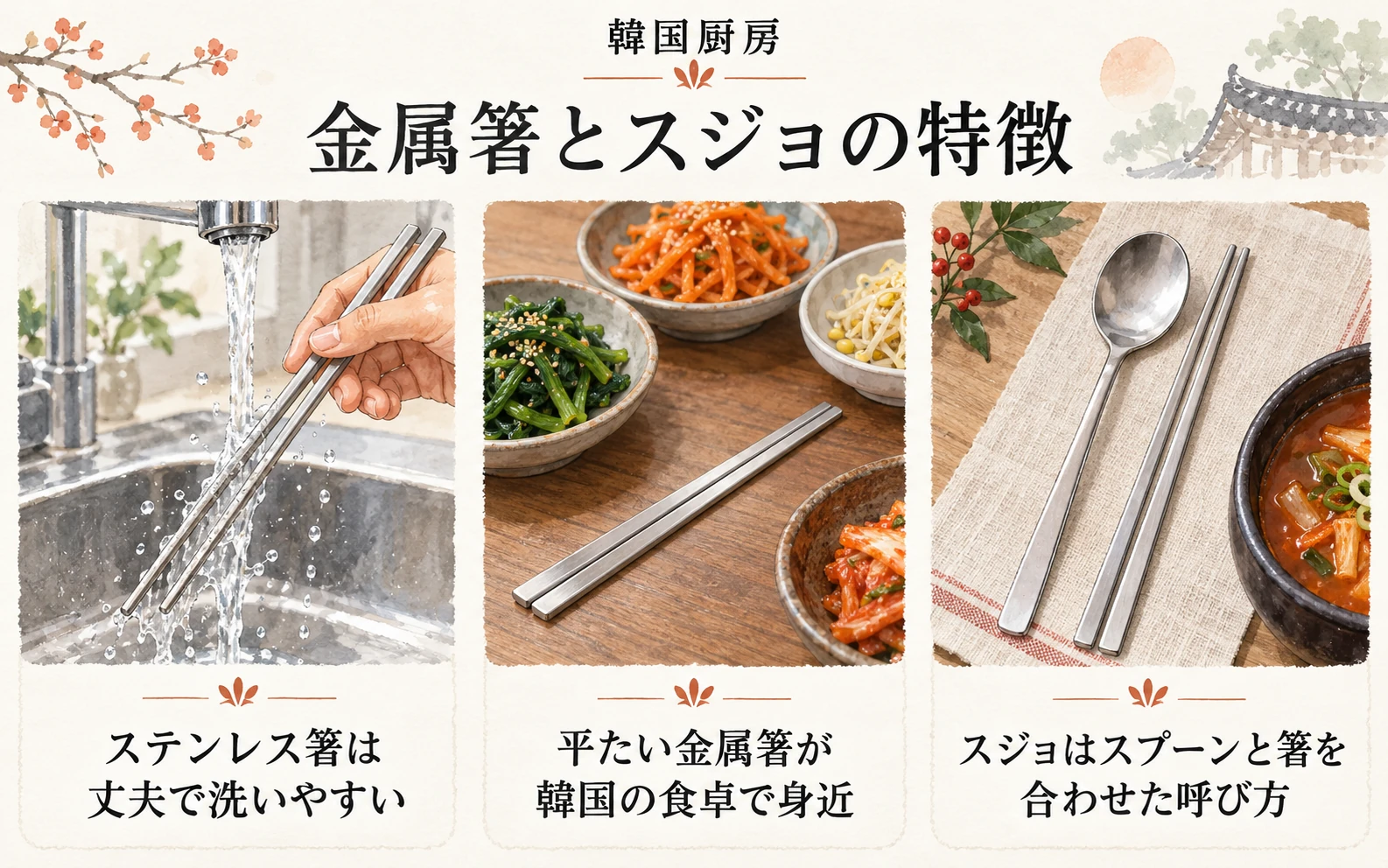 金属箸とスジョの特徴。ステンレス箸は丈夫で洗いやすい。平たい金属箸が韓国の食卓で身近。スジョはスプーンと箸を合わせた呼び方
