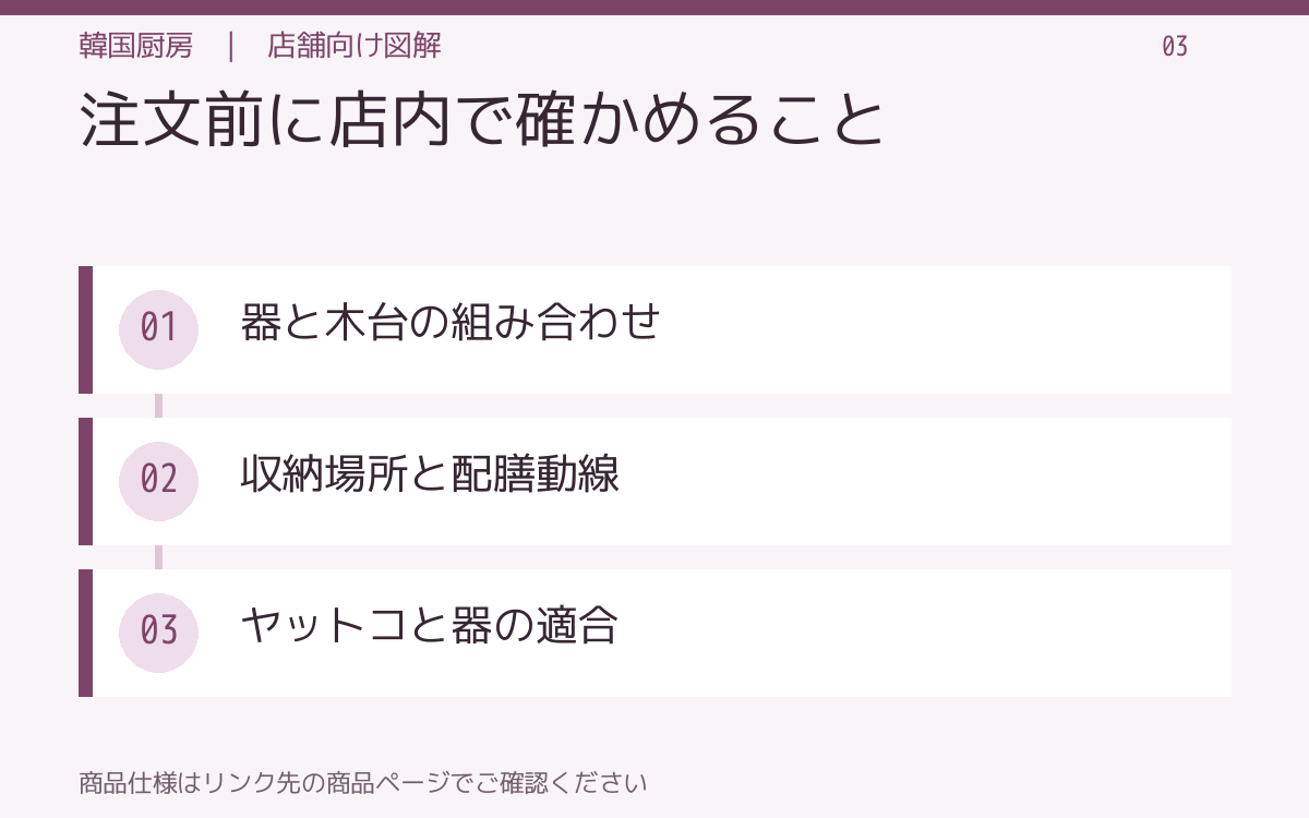 注文前に店内で確かめること。器と木台の組み合わせ。収納場所と配膳動線。ヤットコと器の適合