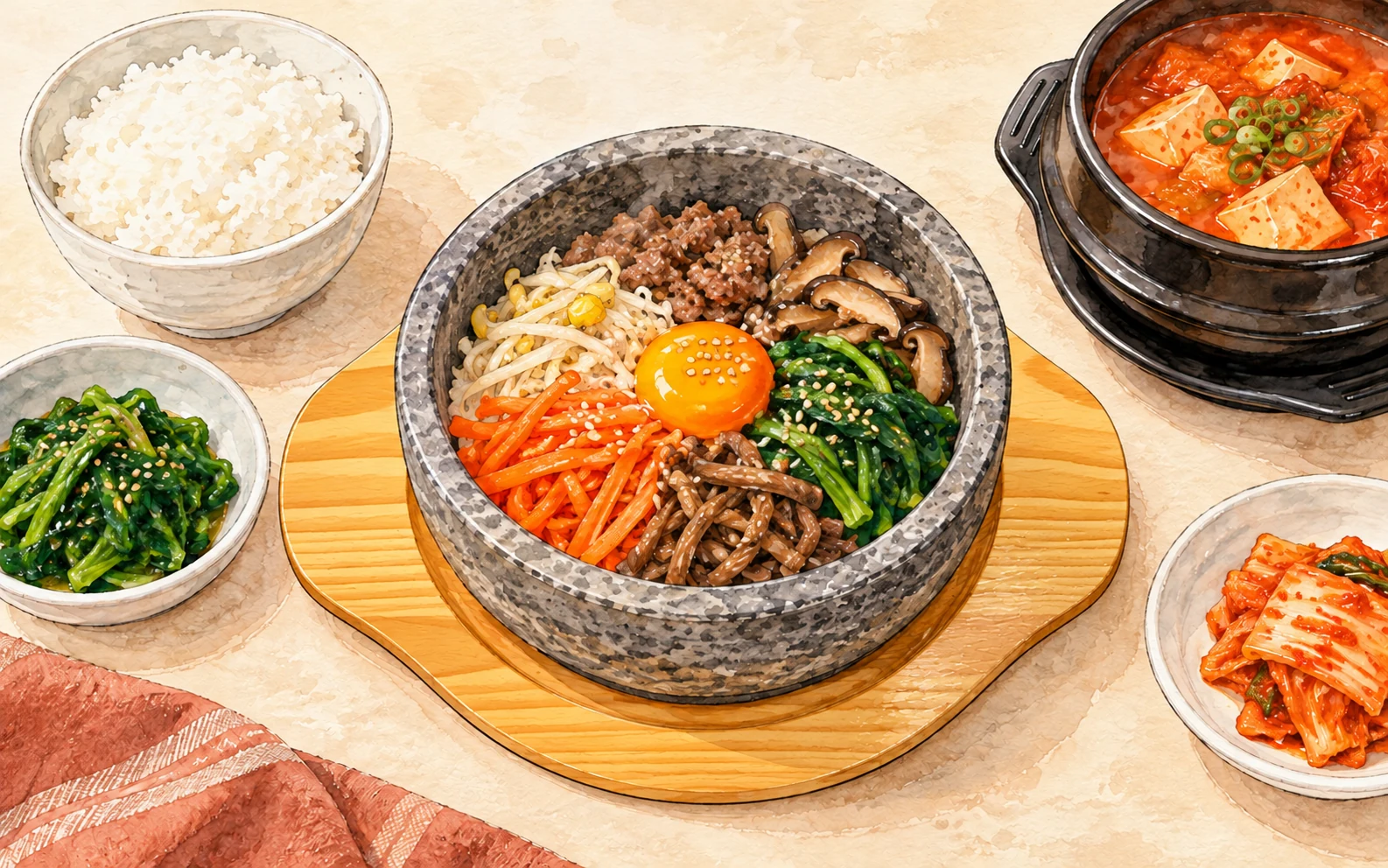 木台の石焼ビビンバを中心に、緑のナムル、白いご飯、赤いチゲを並べた食卓のイラスト