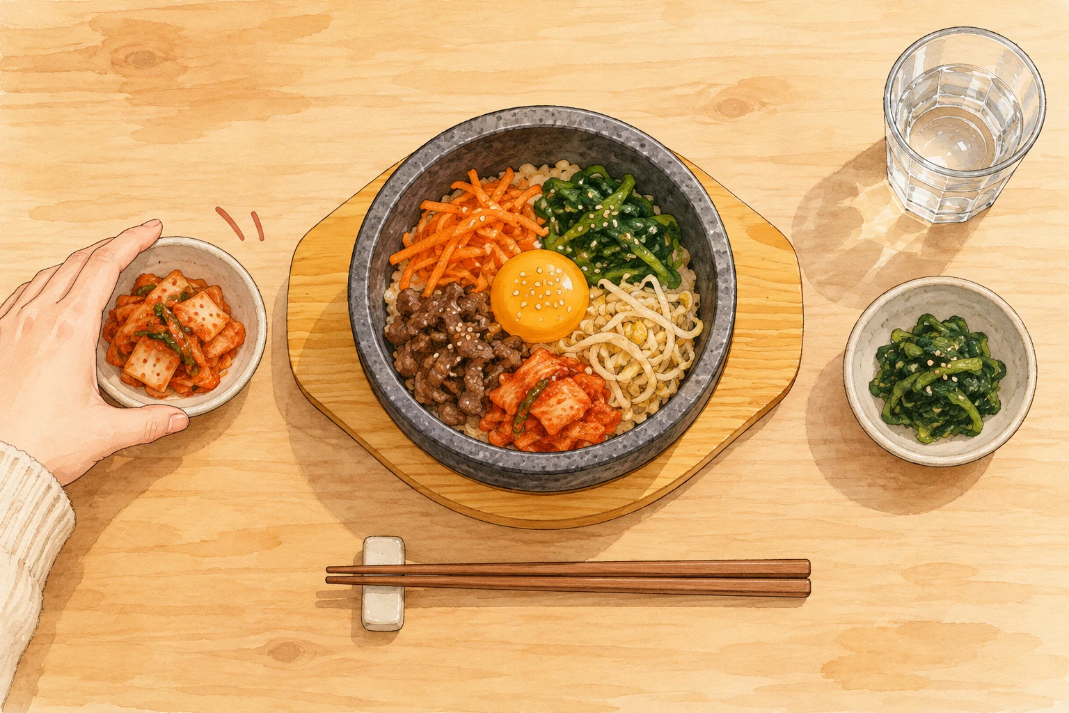 一人分の食卓で木台の輪郭を見せ、小皿と箸と飲み物の位置を整えるイラスト