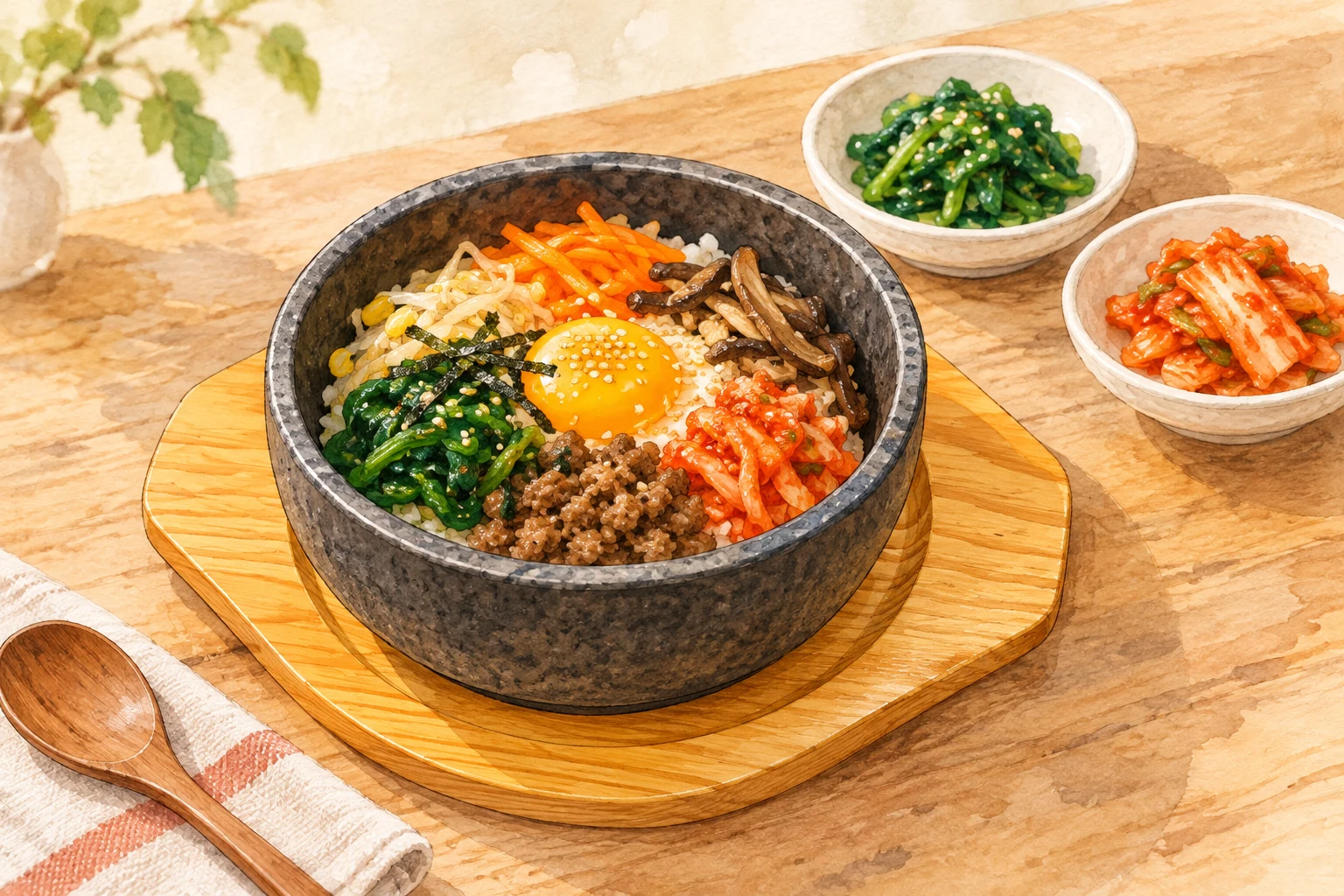 明るい木台に載せた石焼ビビンバと緑のナムル、赤いキムチを並べた食卓のイラスト