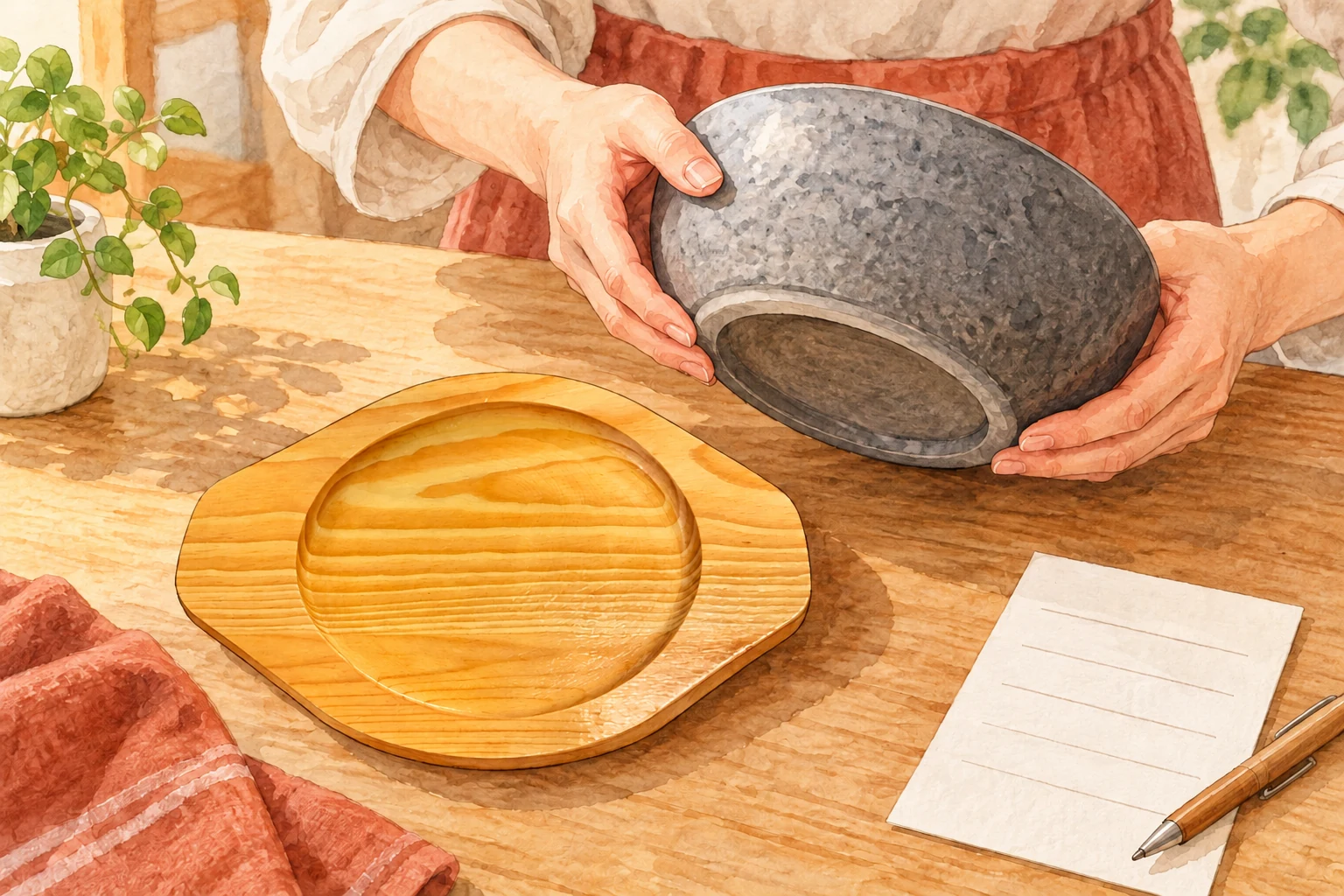 木台と石焼ビビンバ器を並べ、購入前に組み合わせを確認する場面のイラスト