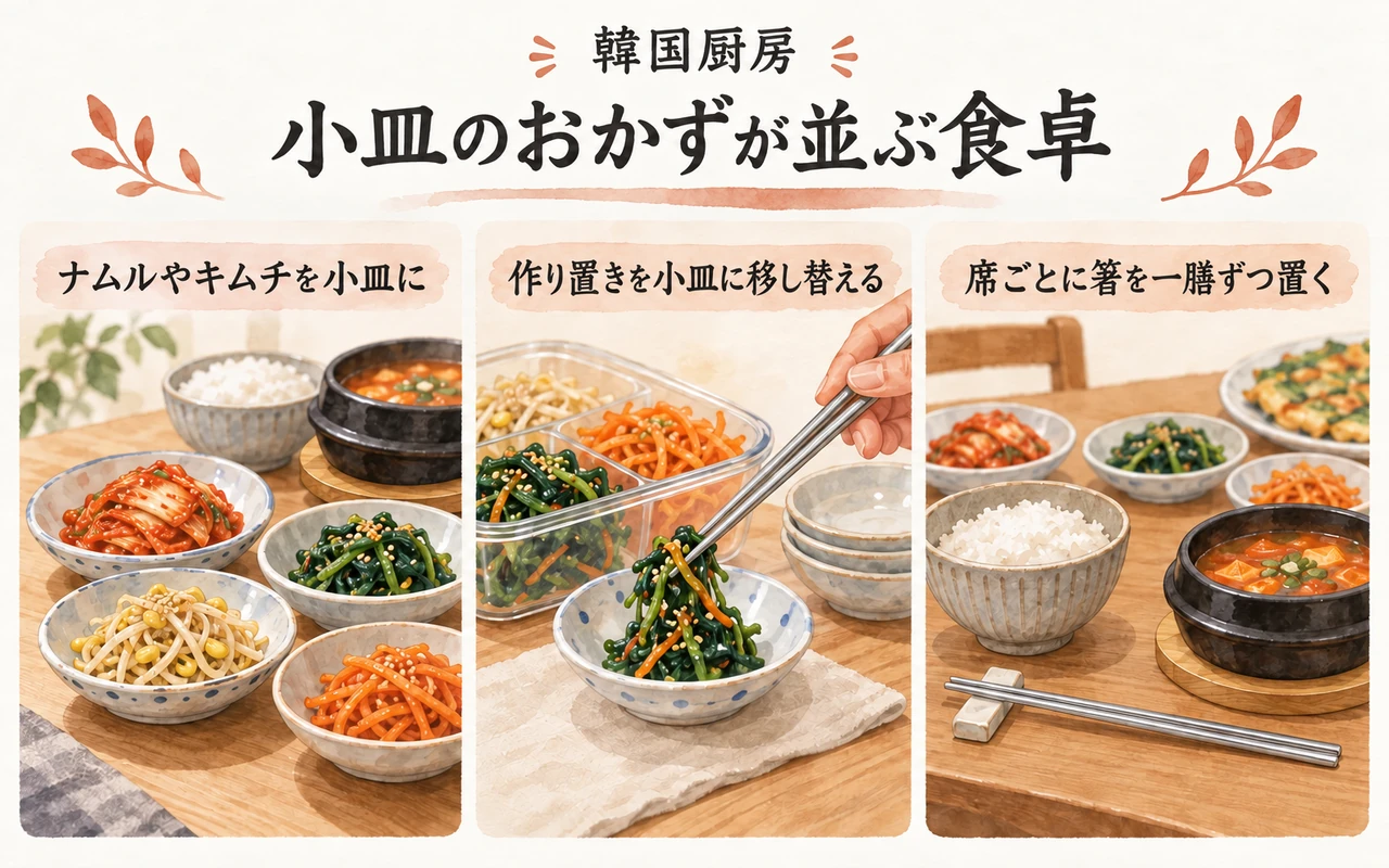 小皿のおかずが並ぶ食卓。ナムルやキムチを小皿に。作り置きを小皿に移し替える。席ごとに箸を一膳ずつ置く