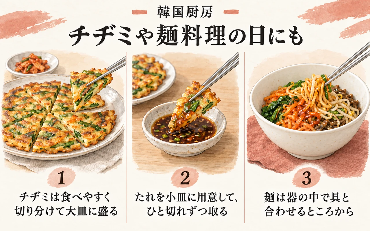 チヂミや麺料理の日にも。チヂミは食べやすく切り分けて大皿に盛る。たれを小皿に用意して、ひと切れずつ取る。麺は器の中で具と合わせるところから