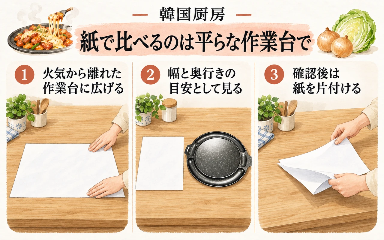 紙で比べるのは平らな作業台で。火気から離れた作業台に広げる。幅と奥行きの目安として見る。確認後は紙を片付ける