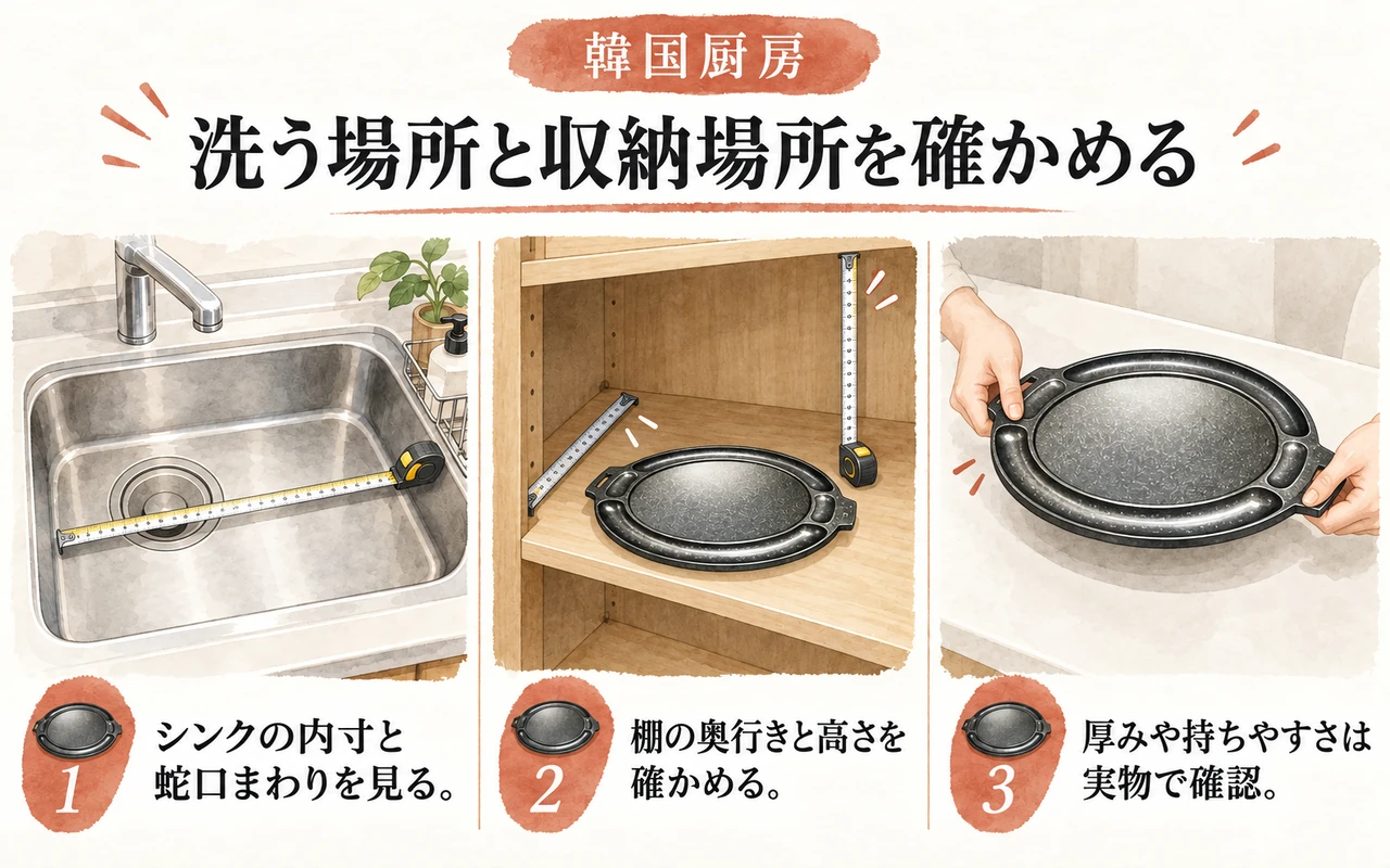 洗う場所と収納場所を確かめる。シンクの内寸と蛇口まわりを見る。棚の奥行きと高さを確かめる。厚みや持ちやすさは実物で確認