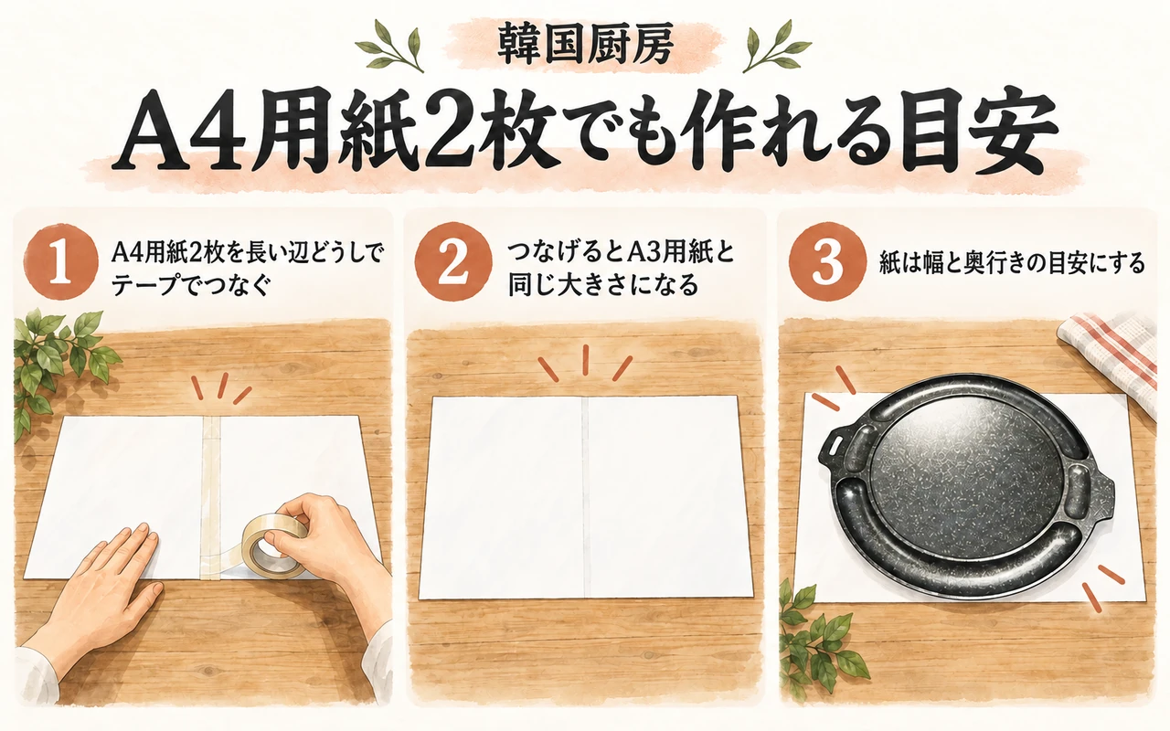 A4用紙2枚でも作れる目安。A4用紙2枚を長い辺どうしでテープでつなぐ。つなげるとA3用紙と同じ大きさになる。紙は幅と奥行きの目安にする