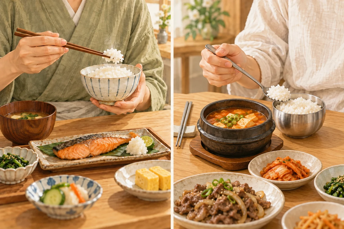 日本では茶碗を持って箸で、韓国では茶碗を置いてスプーンでご飯を食べる比較イラスト