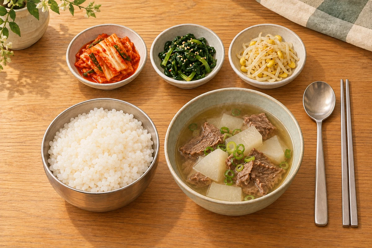 ご飯、牛肉と大根のスープ、キムチやナムルと、スプーンと金属箸を並べた韓国の食卓