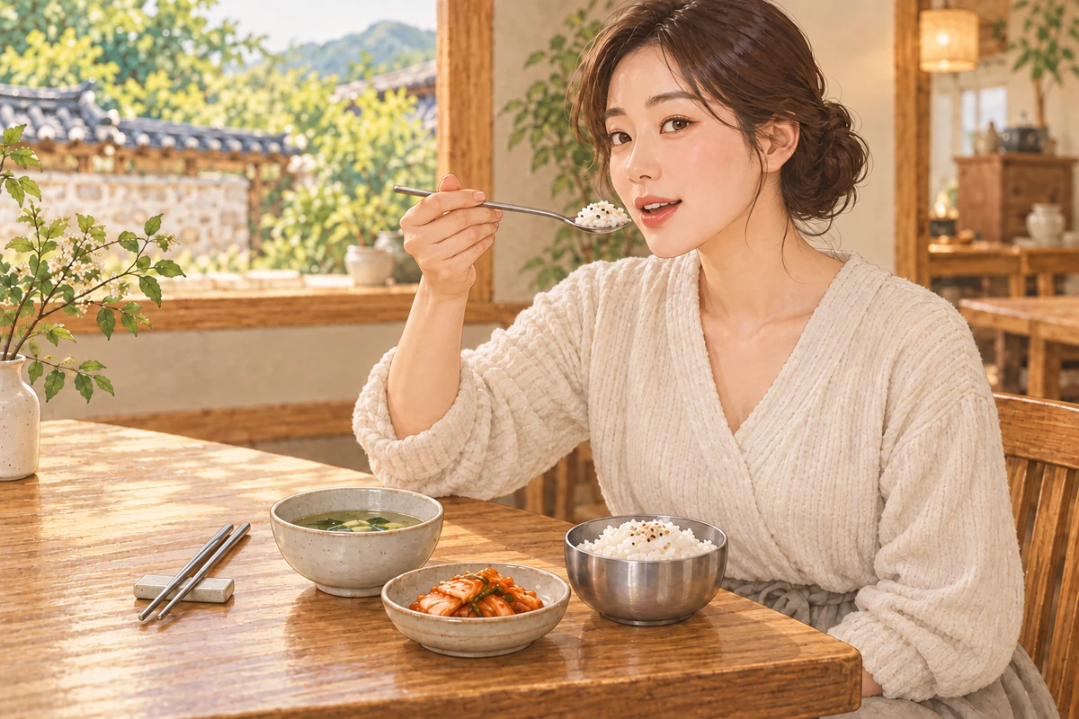 ご飯茶碗を食卓に置いたまま、スプーンでご飯を口へ運ぶ女性