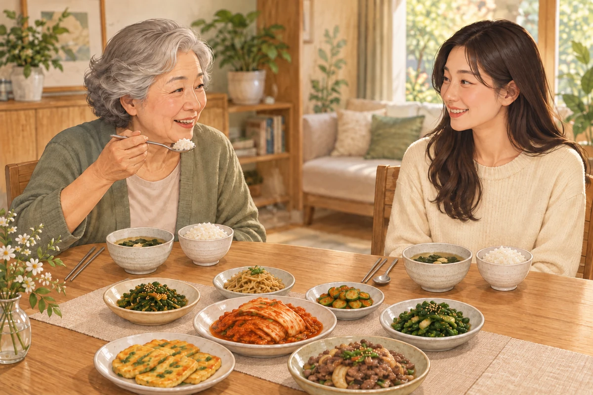 年長者がスプーンで食べ始めるのを、道具を置いて待つ若い人との和やかな食事