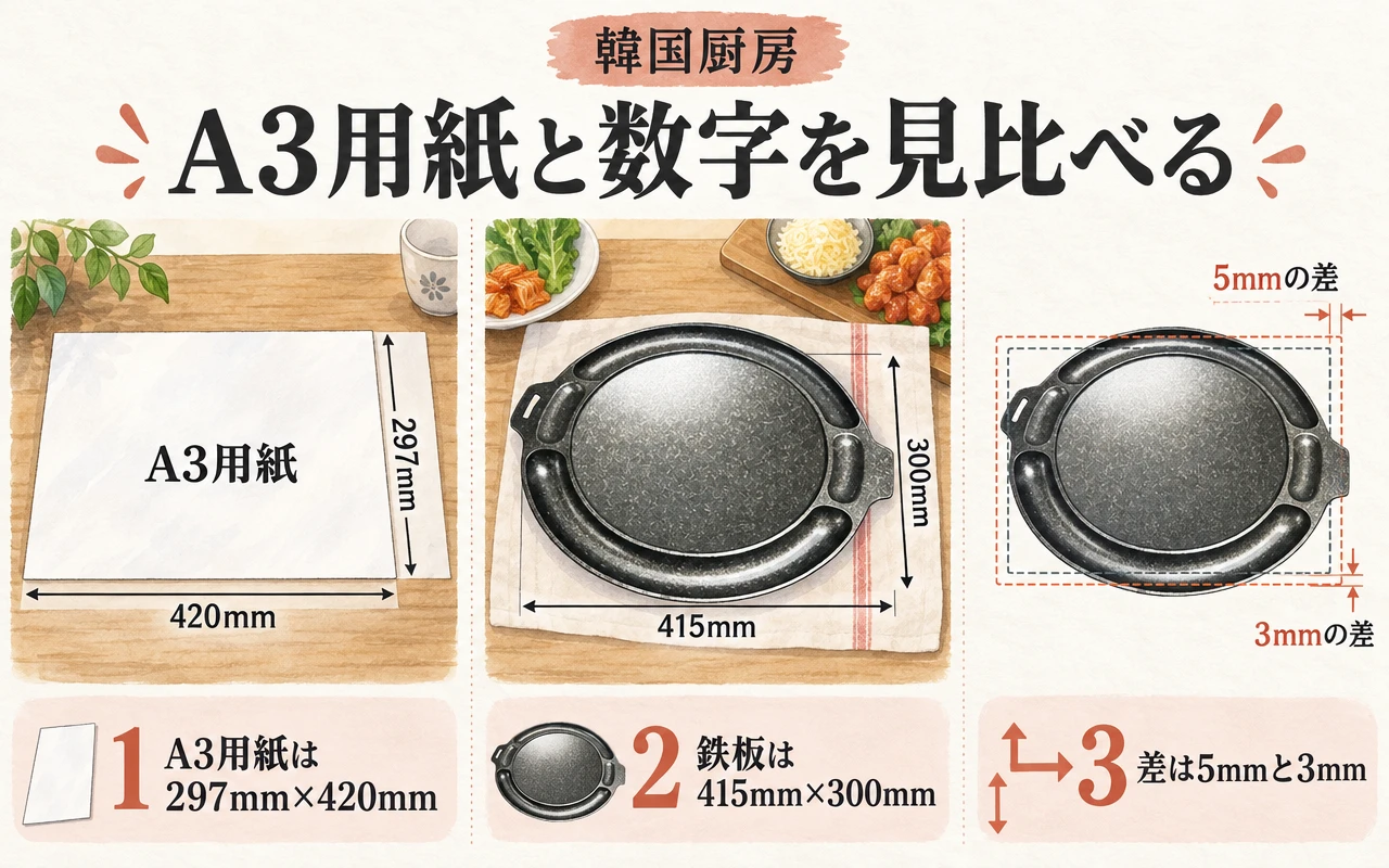 A3用紙と数字を見比べる。A3用紙は297mm×420mm。鉄板は415mm×300mm。差は5mmと3mm