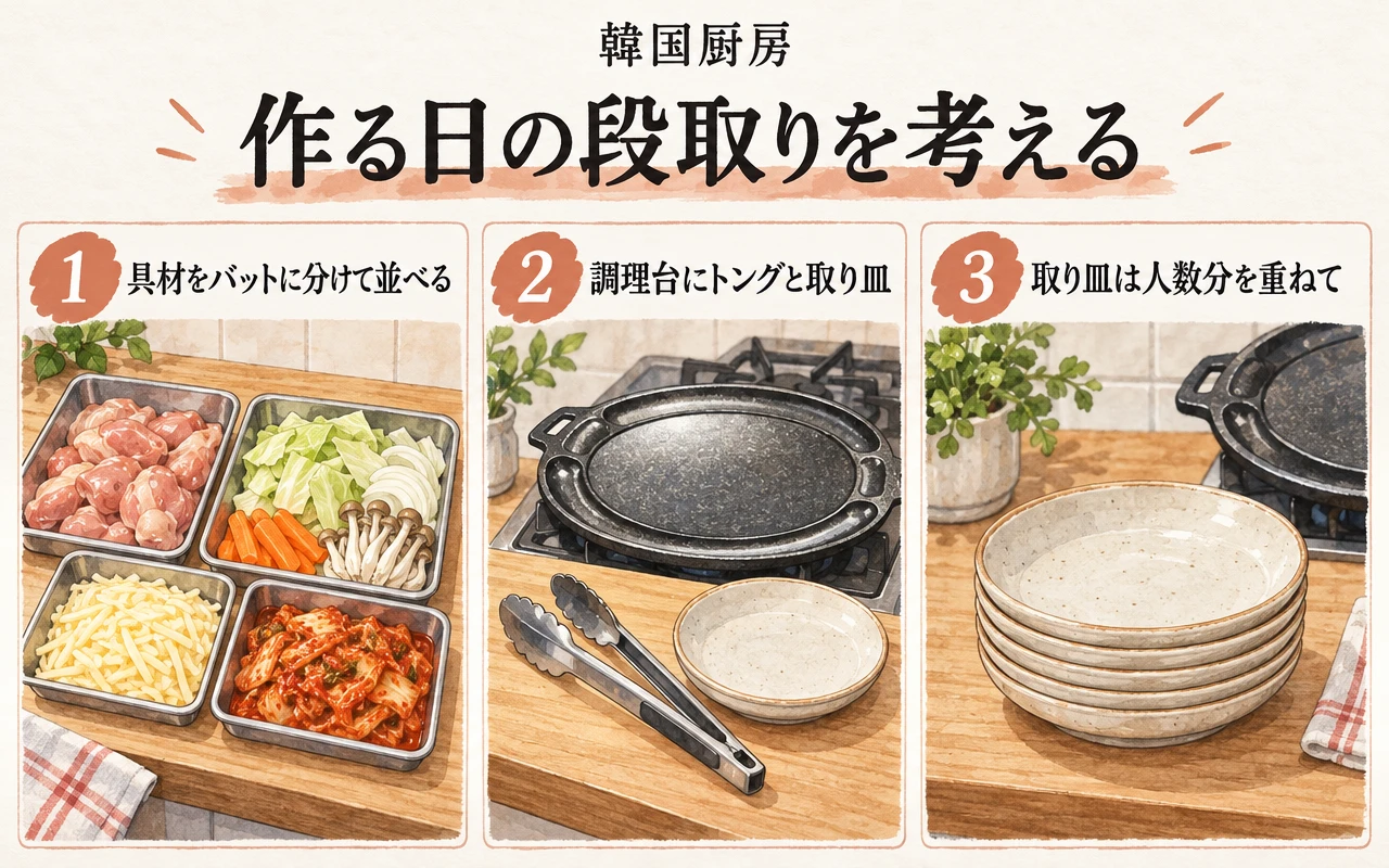 作る日の段取りを考える。具材をバットに分けて並べる。調理台にトングと取り皿。取り皿は人数分を重ねて