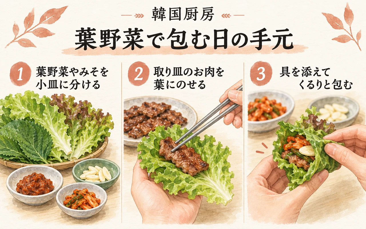 葉野菜で包む日の手元。葉野菜やみそを小皿に分ける。取り皿のお肉を葉にのせる。具を添えてくるりと包む