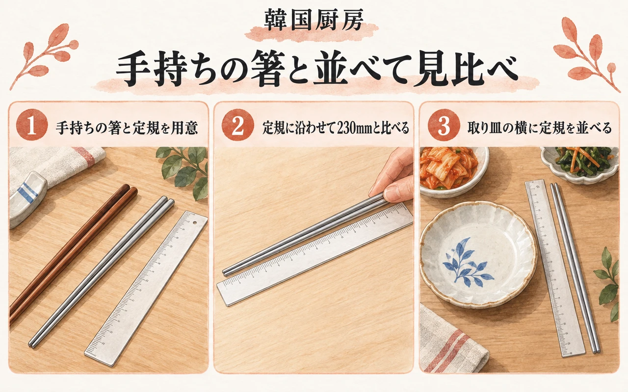 手持ちの箸と並べて見比べ。手持ちの箸と定規を用意。定規に沿わせて230mmと比べる。取り皿の横に定規を並べる