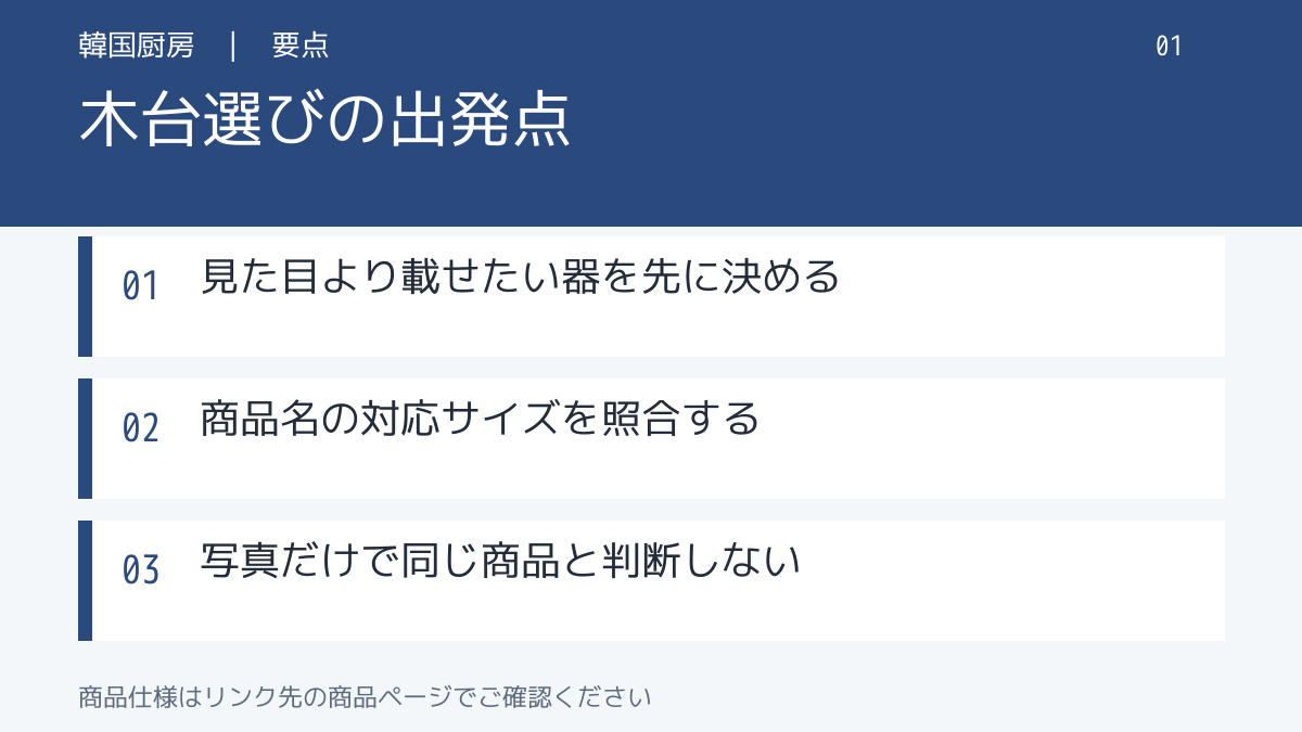 木台選びの出発点。見た目より載せたい器を先に決める。商品名の対応サイズを照合する。写真だけで同じ商品と判断しない