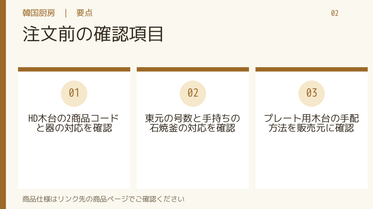 注文前の確認項目。HD木台の2商品コードと器の対応を確認。東元の号数と手持ちの石焼釜の対応を確認。プレート用木台の手配方法を販売元に確認