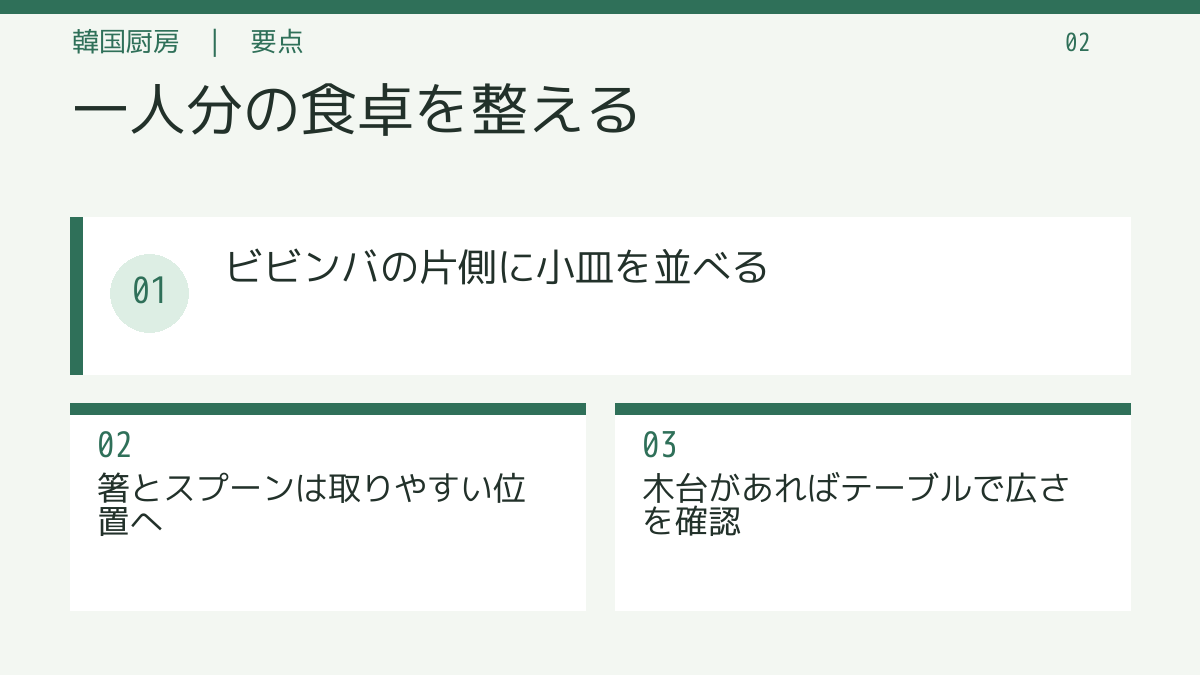 一人分の食卓を整える。ビビンバの片側に小皿を並べる。箸とスプーンは取りやすい位置へ。木台があればテーブルで広さを確認